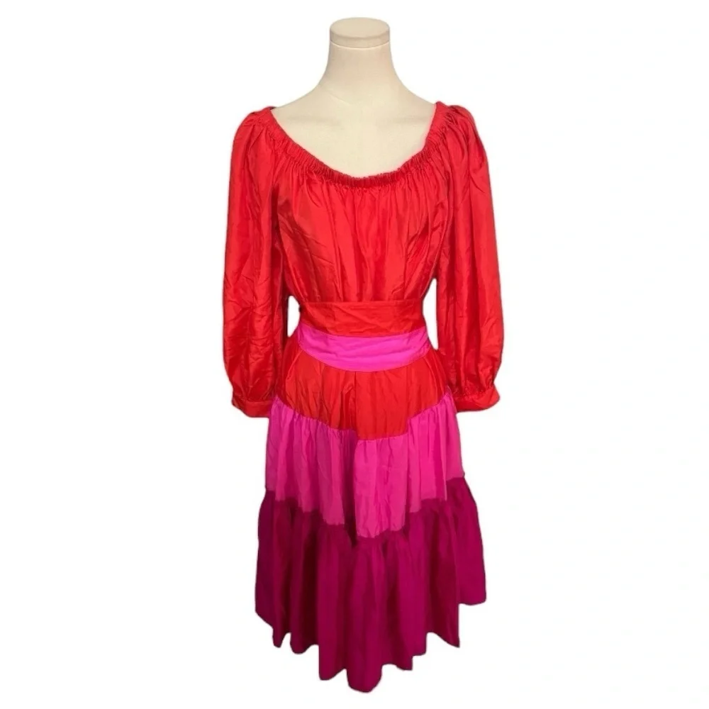 DNKY SILK Colorful Tiered Skirt Pink Orange Party 8 Bloomingdale’s Cruise Midi - Picture 3 of 10